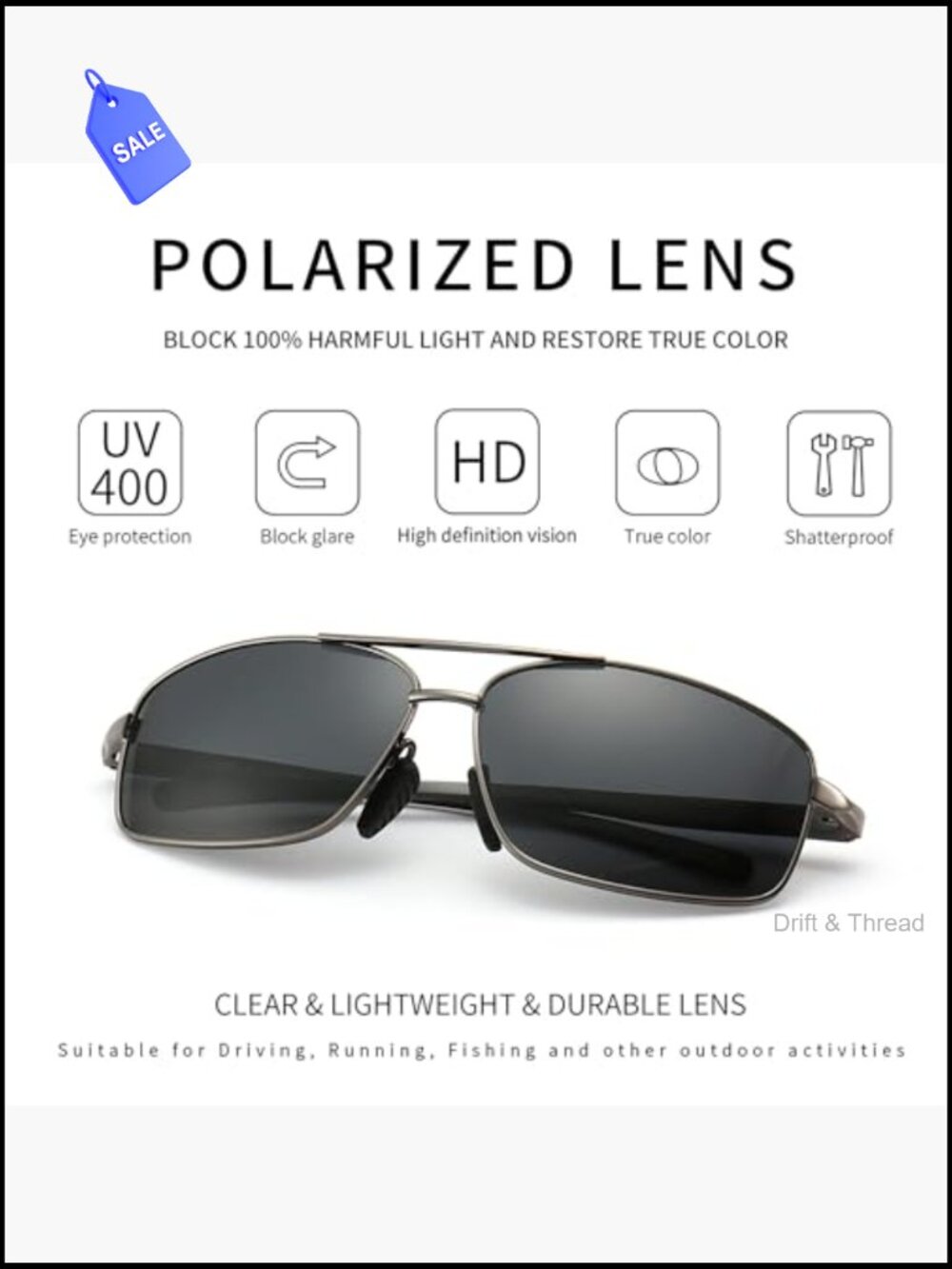 Ultra Lightweight Rectangular Polarized Sunglasses UV400 Protection for Men - Picture 2 of 7